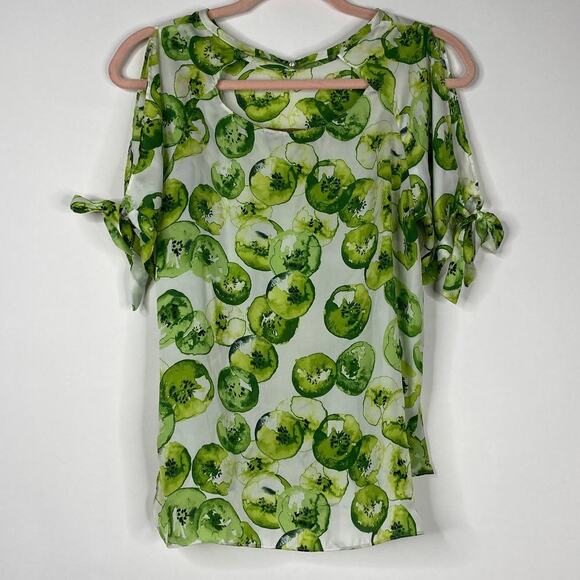 2/$30 ZARA Kiwi Print Blouse White Green Self Tie Cold Shoulder Sleeve S #6092 - Picture 10 of 16